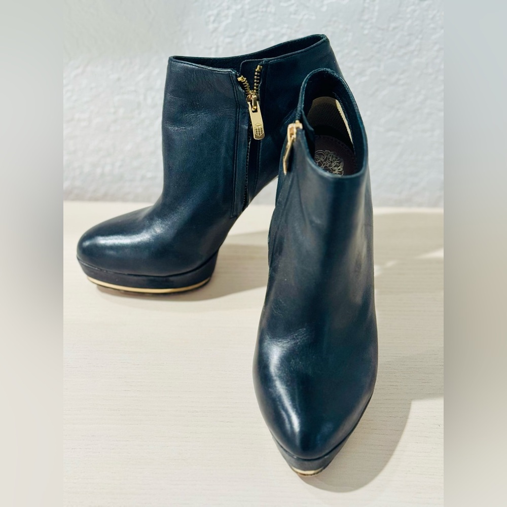 Vince Camuto Black leather, high heeled booties.